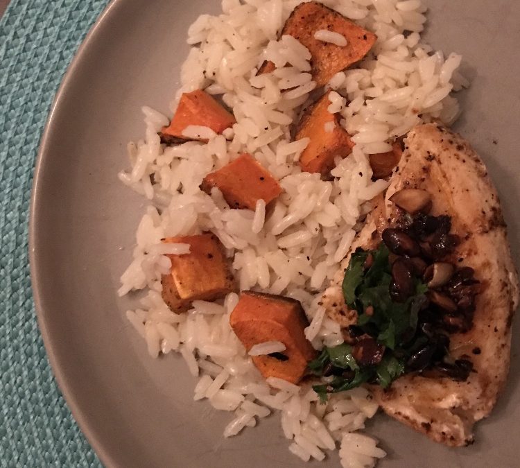 Seared Chicken with Roasted Honeynut Squash & Garlic Rice